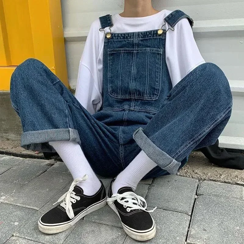한국어 느슨한 데님 오버올 여성 봄 가을 스트레이트 와이드 레그 청바지 빈티지 멜빵 Maxi Baggy Jumpsuits 남성 여성 S-5XL