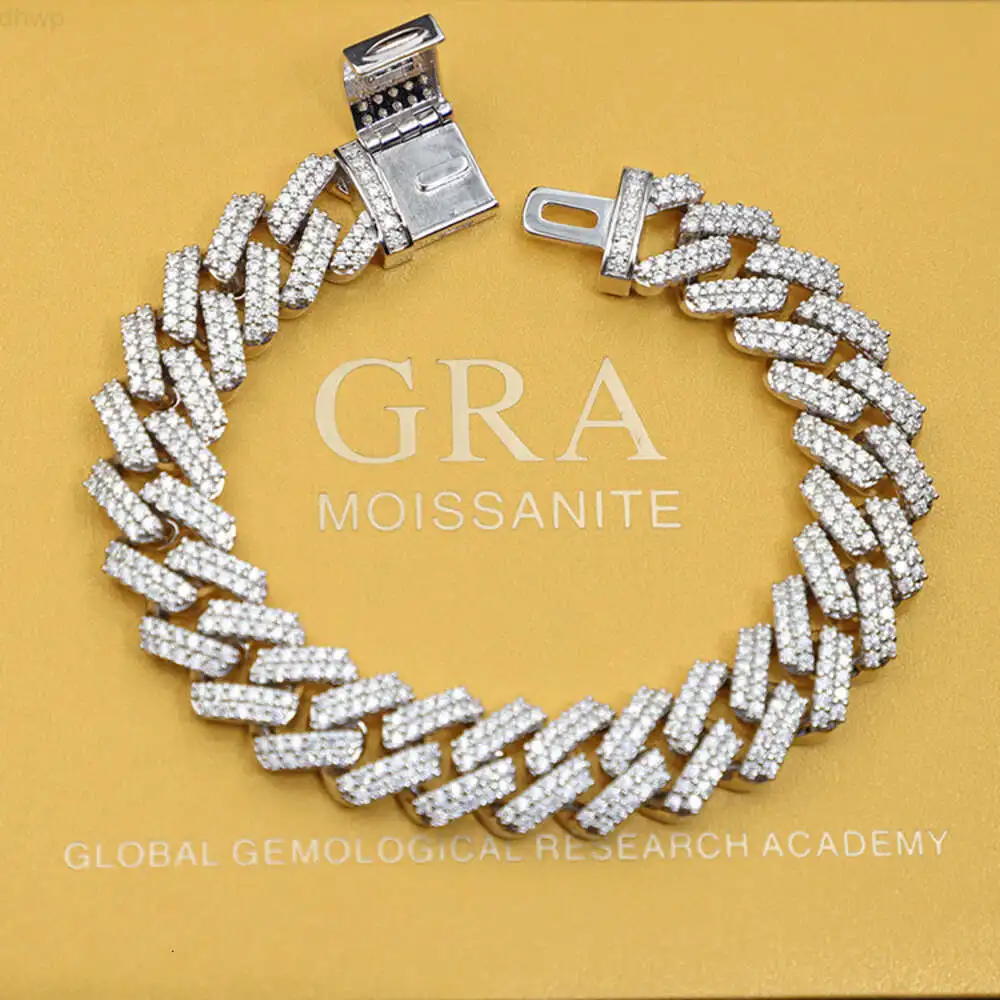 

Wonderful Detail 925 Silver 10-18mm Hip Hop Free Fire Moissanite Diamond 2 Rows Bracelet Cuban Link Chain