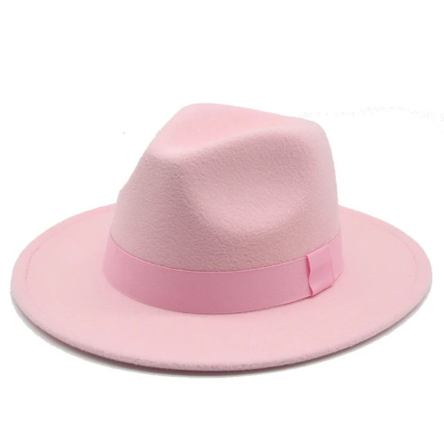 Fedora Hat Women Winter Hats for Women Ribbon Band Men's Hat Wide Brim Classic Beige Wedding Church Bowler New Cap chapeau femme Pink