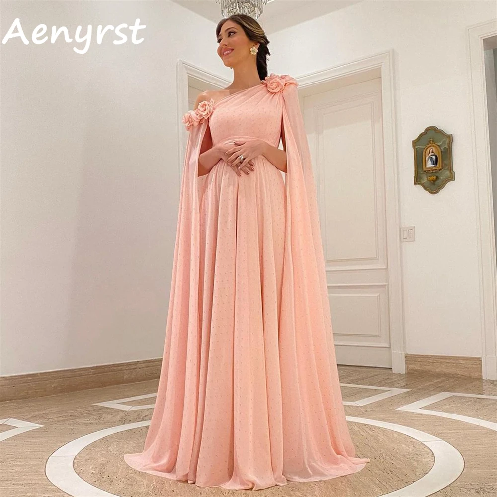 

Aenyrst 3D Flowers Long Cap Sleeves Prom Dresses A Line Chiffon Off Shoulder Evening Gown Floor Length Formal Occasion Dresses