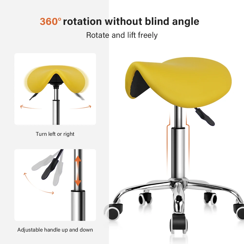KKTONER Rolling Saddle Stool PU Leather Swivel Adjustable Rolling Stool with Wheels Salon Chair (Yellow) 3
