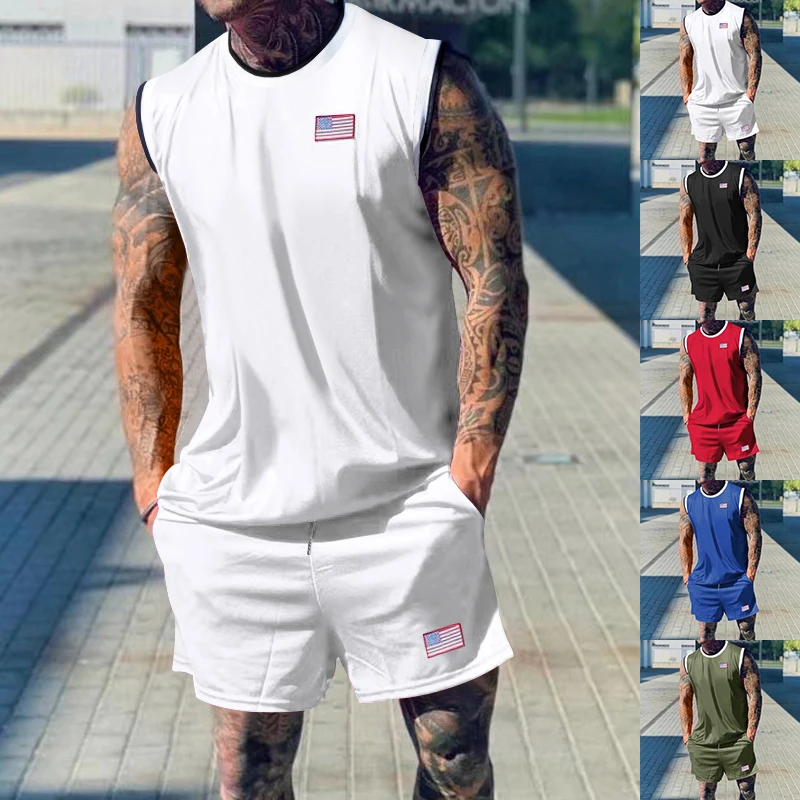 

2024 Summer New Men's Suit European And American Style Basketball Sports Suit Embroidered Sleeveless Vest Shorts Two-piece Set