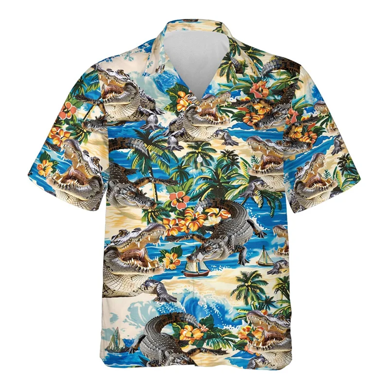 thumbnail image 1 of Camisa hawaiana con estampado 3D de animales divertidos para hombre, camisas Aloha con patrón de cocodrilo, blusas casuales holgadas de manga corta con solapa de verano, 1 of 5