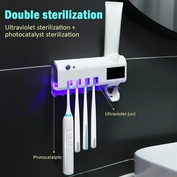 NEW Bathroom Shower Storage Solar Energy UV Light Toothbrush Sterilizer Holder Automatic Toothpaste Squeezers Dispenser for Home