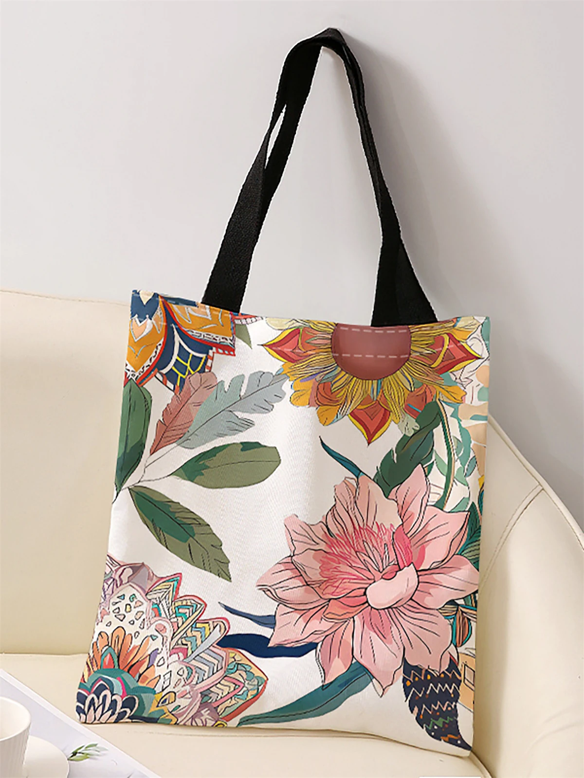Flower pattern printed casual handbag, reusable fashionable backpack, multifunctional handbag, canvas shopping bag