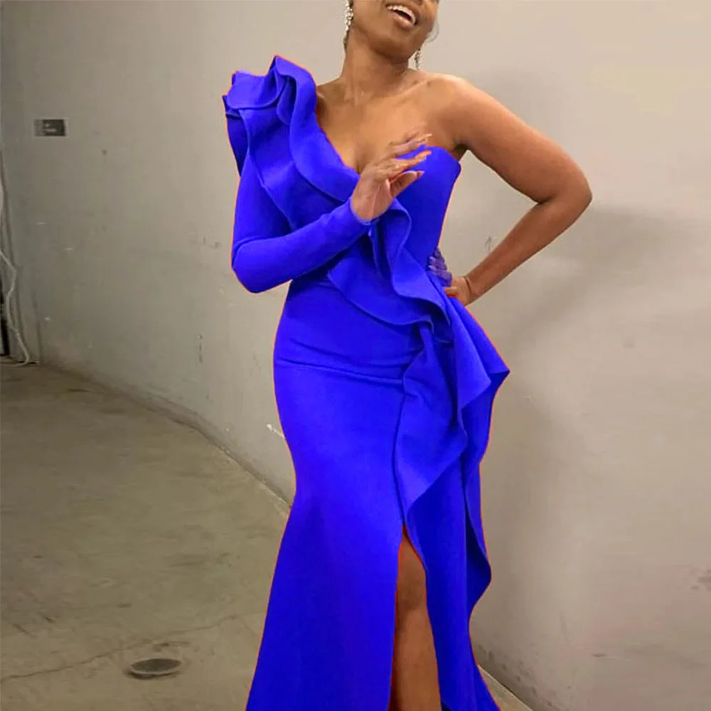 

African Style Elegant Party Sexy Evening Women Long Dresses One Shoulder Bodycon Split Female Ruffles Maxi Red Dress Plus Size