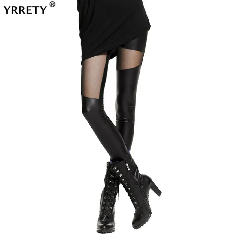 

Shiny Pants Leather Leggings Strech Black Holes Ripped PU Punk Rock Women Casual Triangle Mesh Lace Stitching Jeggings