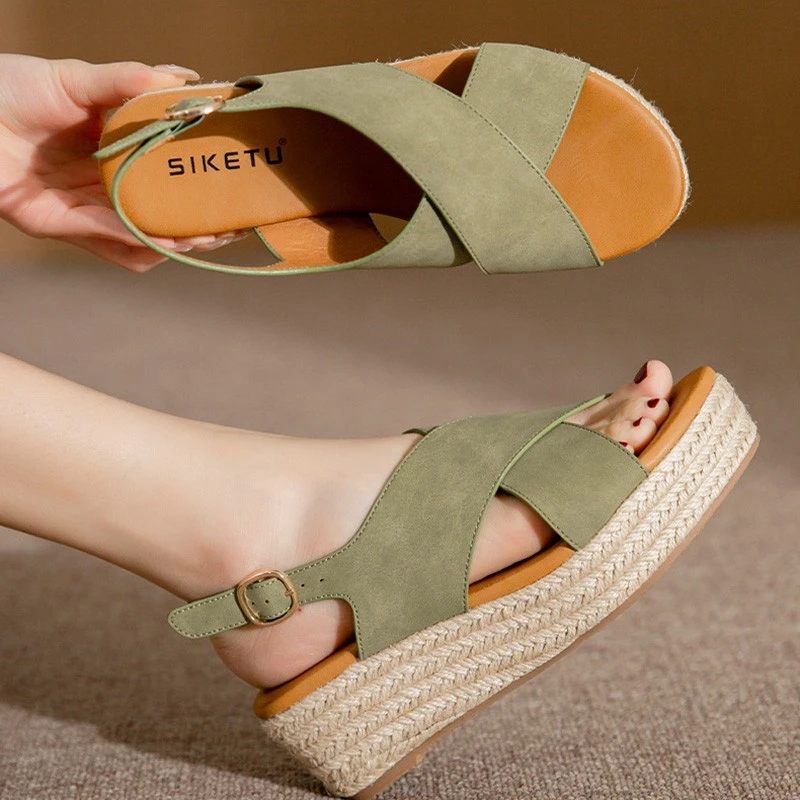Summer Women Sandals 2022 New Fashion Wedges Super High Heel Sandals Buckle Round Toe Open Toes Ladies Footwear