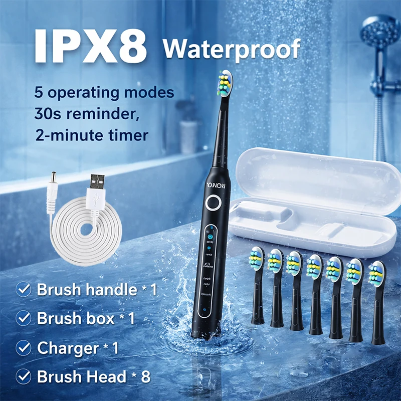 윤치 Y5 성인용 전동 칫솔 USB 충전식 IPX8 5가지 모드 전자 칫솔 (8개 교체용 헤드 포함)