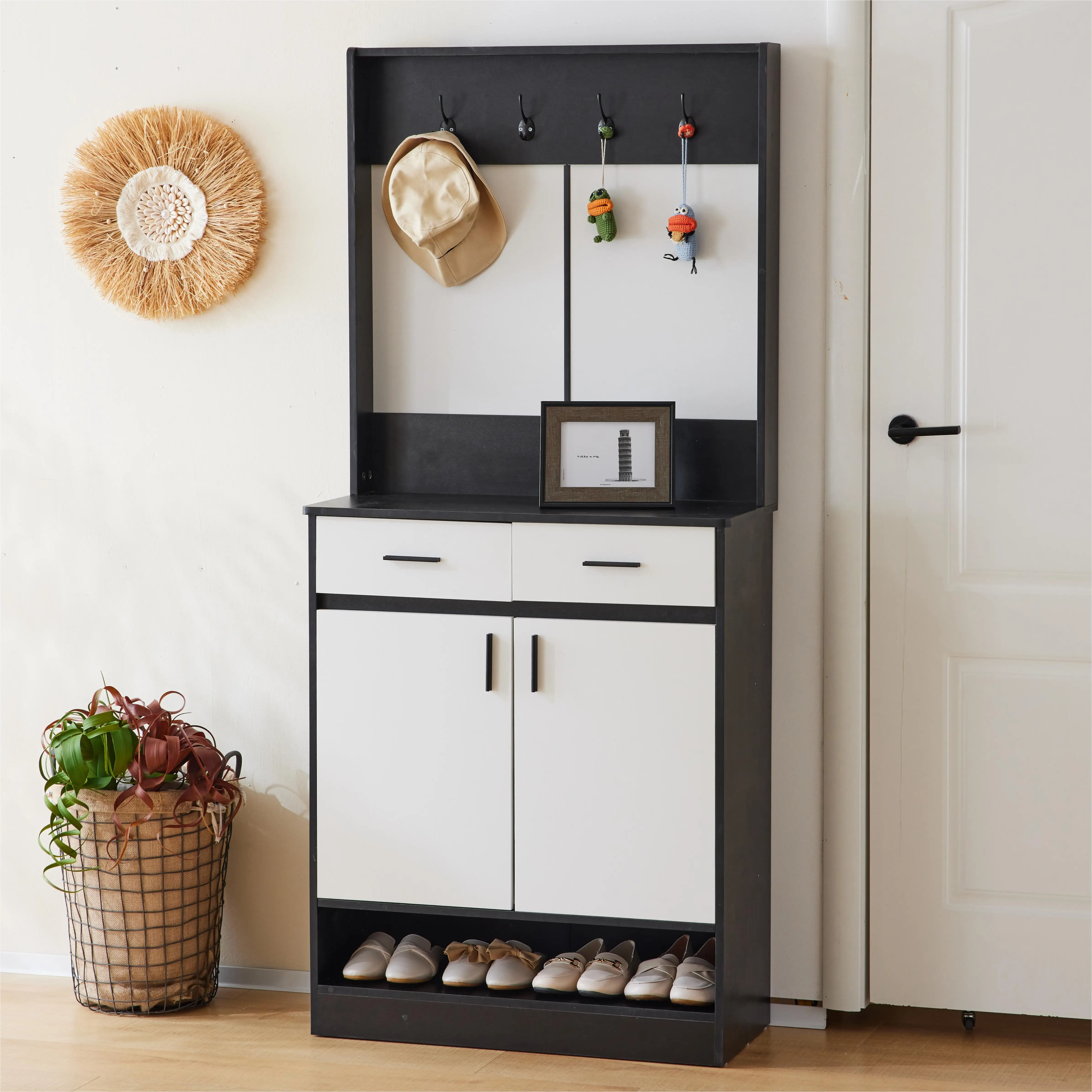Entryway Bedroom Armoire,Shoe Cabinet,Wardrobe Armoire Closet, Drawers and Shelves,  Handles,  Hanging Rod, white and black 4