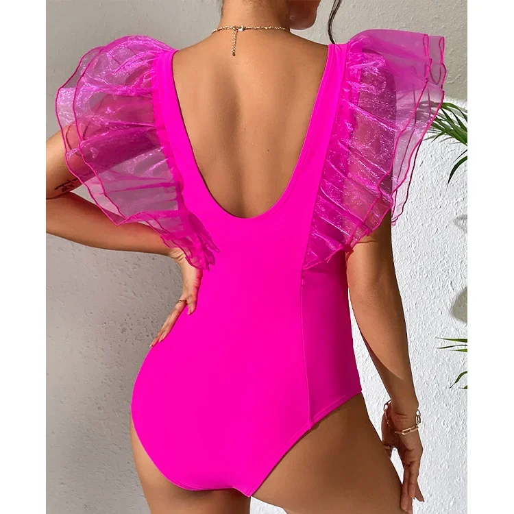 2023 Women's  Swimsuit  Mesh Ruffle Pink One Piece  Summer Beachwear Bathing Suit