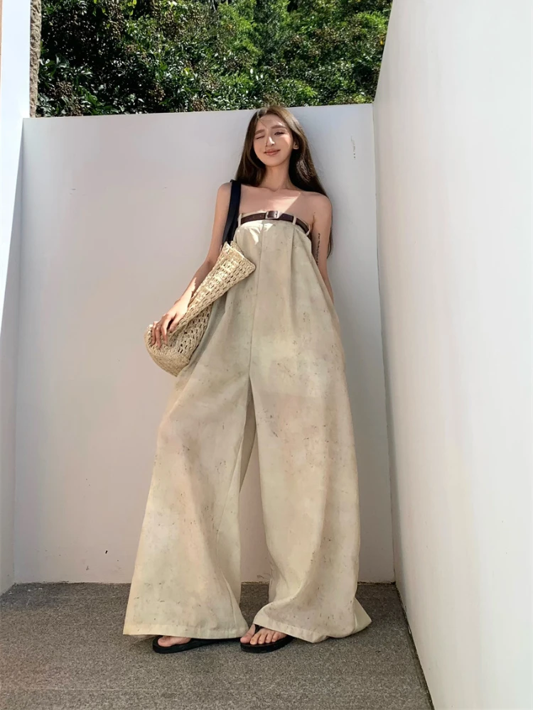 New smocked jumpsuit women with belt retro temperament loose wide leg pants fashion women's jumpsuit jumpsuit women pants y2k