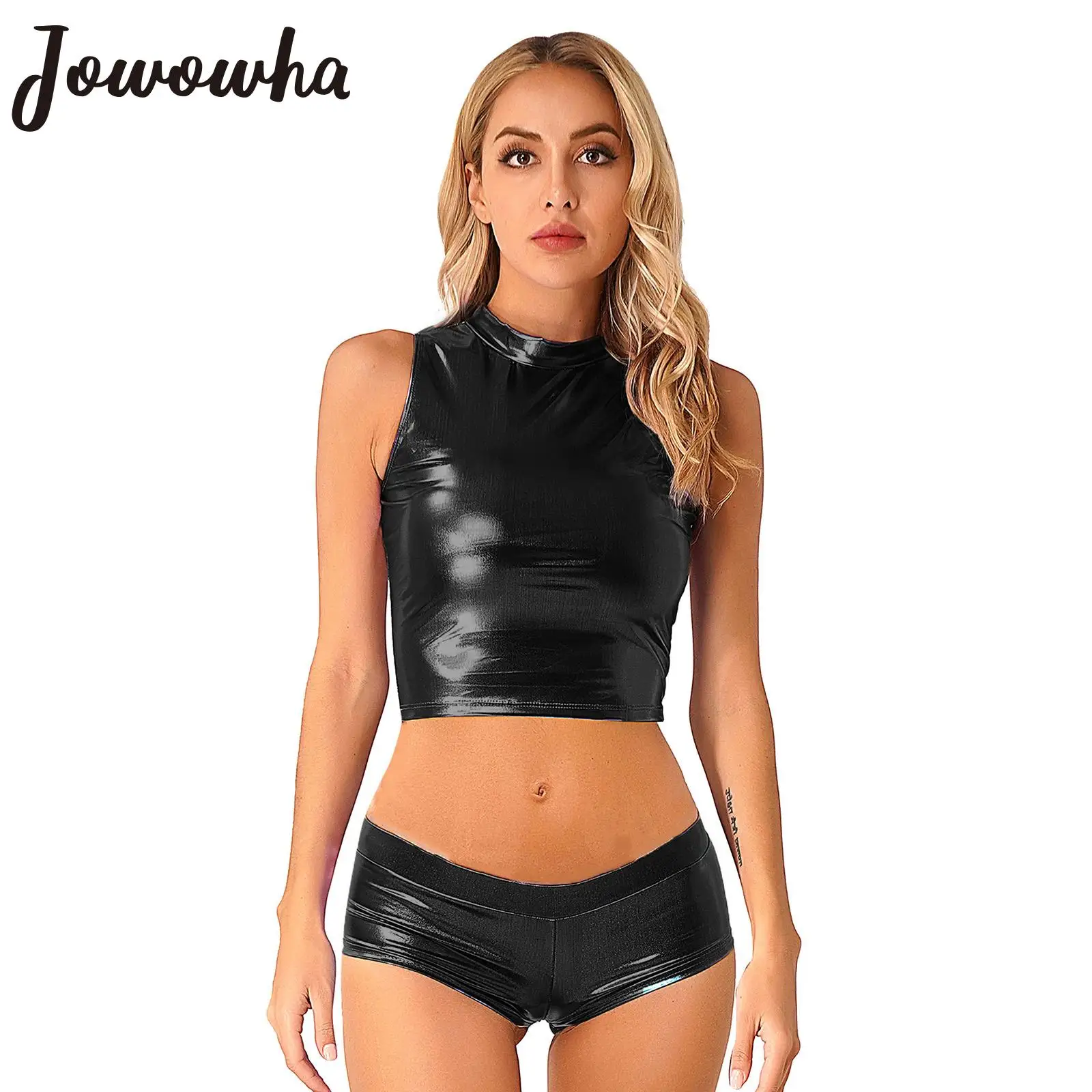 

Womens Glossy Metallic Sleeveless Crop Top with Low Waist Hot Shorts Rave Festival Pool Party Club Costume Nightwear Clubwear