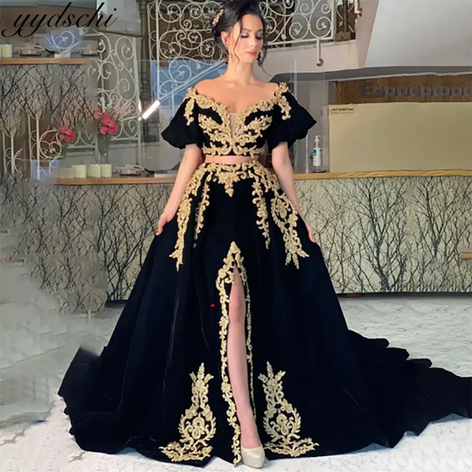 

Elegant Black Lace Appliques High Slit A Line Formal Evening Wedding Dress 2024 Ruffles Blackless Tulle Bridal Gowns For Women