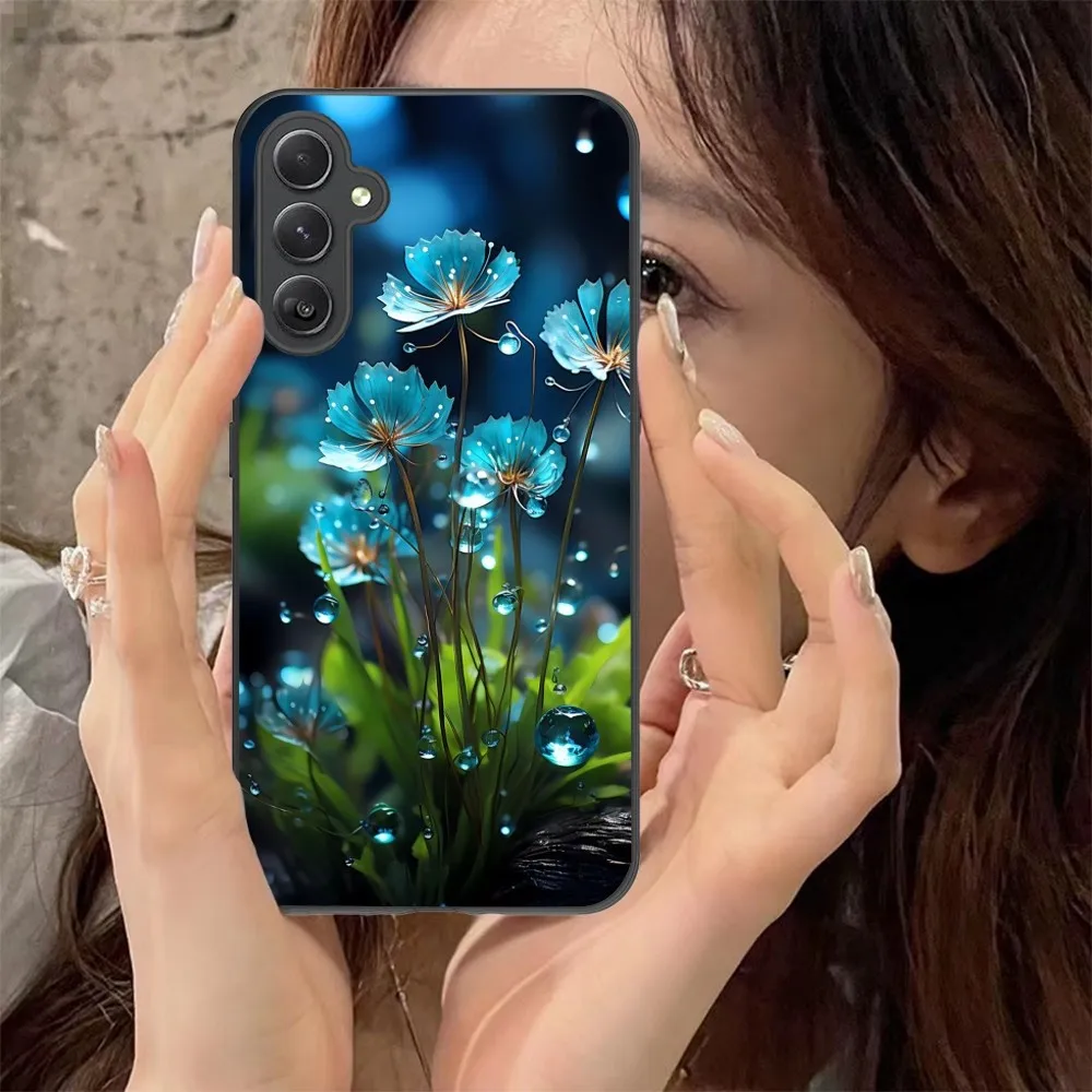 Dew Leaves Flowers Mobile Phone Case For Samsung Galaxy A91 70 54 53 52 34 24 21 Note 20 10 M54 Plus Ultra 5G Black Cover Funda