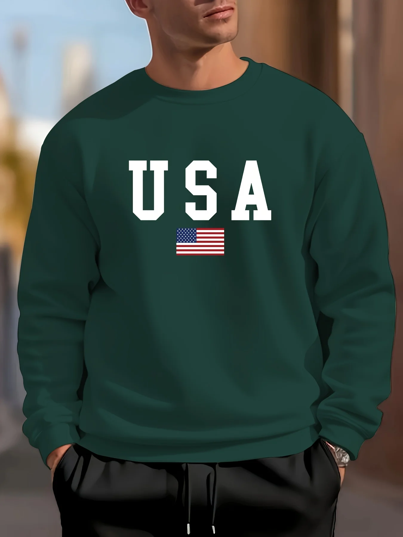 Men's autumn and winter fashionable casual loose American flag print pullover long sleeved warm round neck sweatshirt