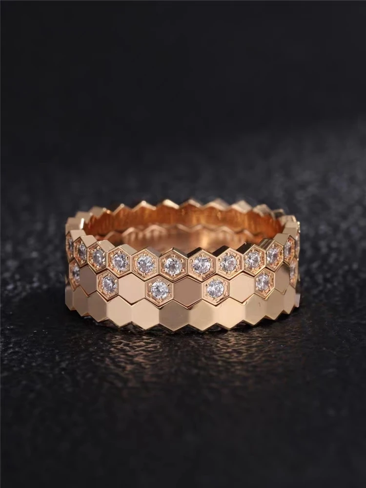 

CNC European and American high-end honeycomb ring with diamond inlay for women's versatile layered fashion 925 silver jewelry