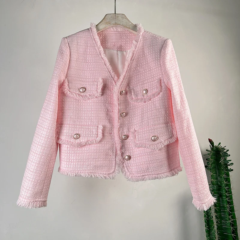 

Spring High End Elegant Wool Tweed Fringed Top Thin Jacket Women's Clothes Luxury Brand Coats Female Outwear