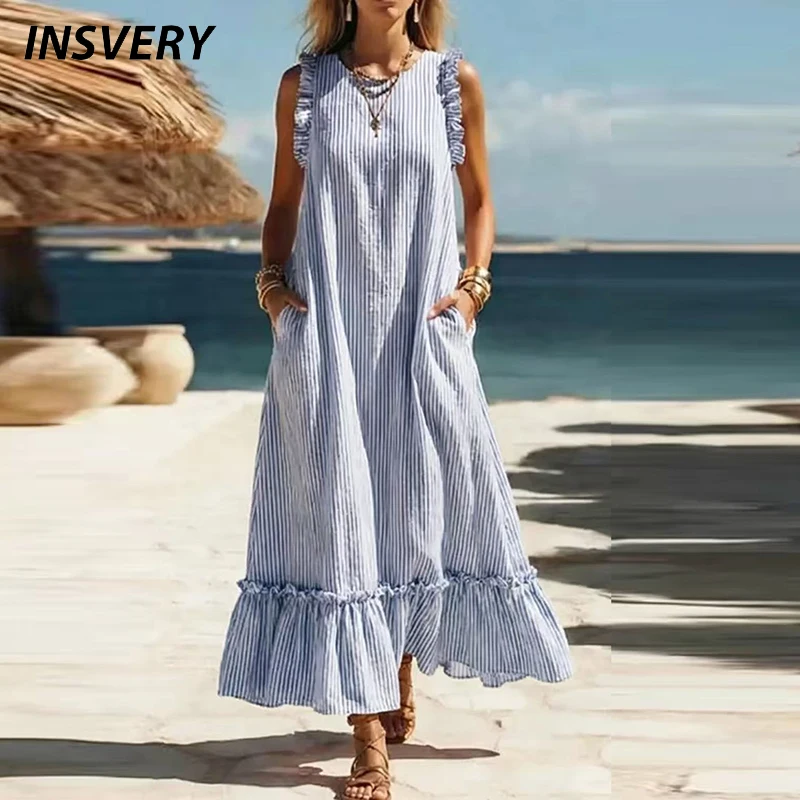 Summer Elegant O Neck Sleeveless Beach Holiday Long Dress Women Casual Striped Printed Pocket Loose Maxi Dresses Boho Blue Robe 1