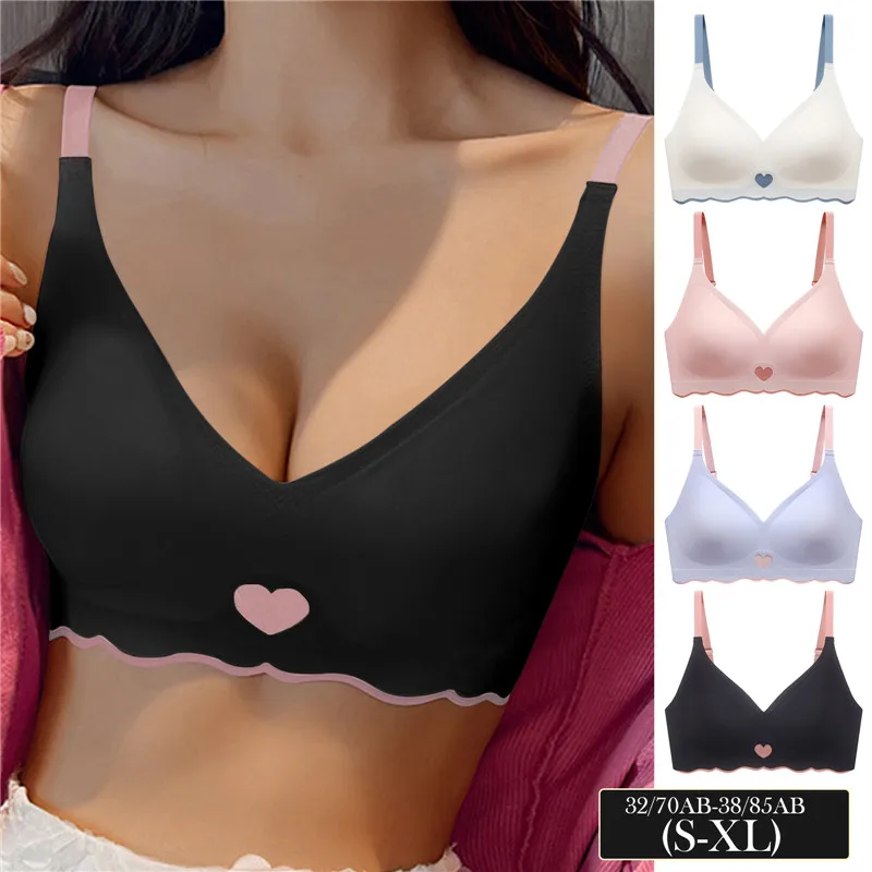 Sexy Push Up Bras For Women Love Heart Pattern Brassiere Deep V Neck Cute Underwear Female Seamless Wireless Soft Lingerie