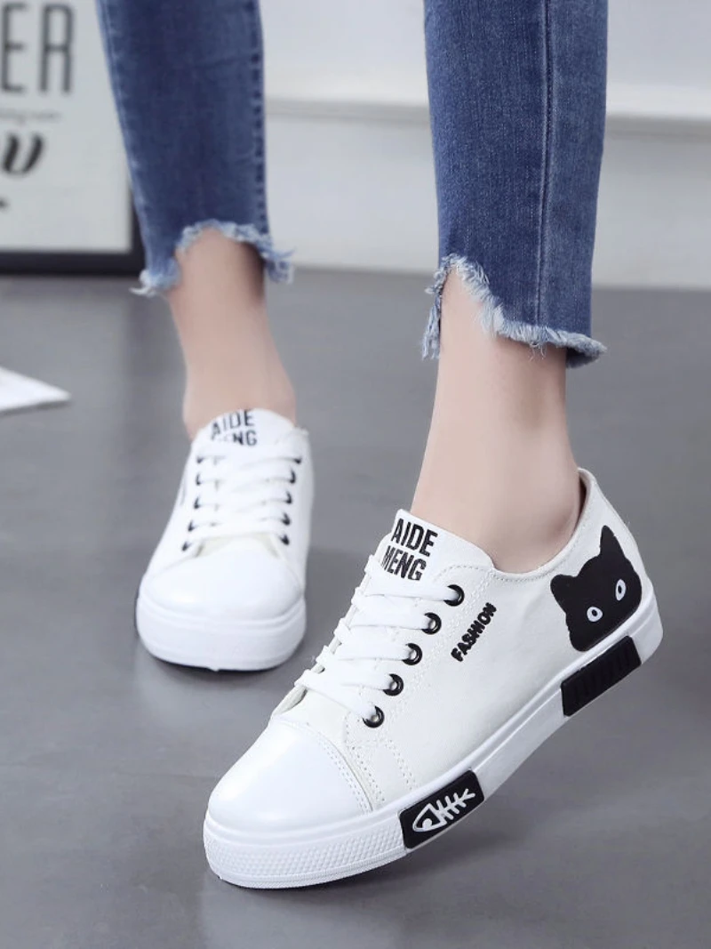 Vrouwen Schoenen 2022 Lente Cartoon Kat Vrouwen Casual Schoenen Comfortabele Platte Vulcaniseer Schoenen Vrouwen Sneakers Wit Schoenen