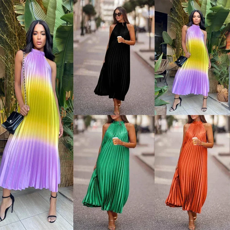 

Women's sleeveless two-color soft pleated casual dress 2023 new round neck fashion explosion women's wear