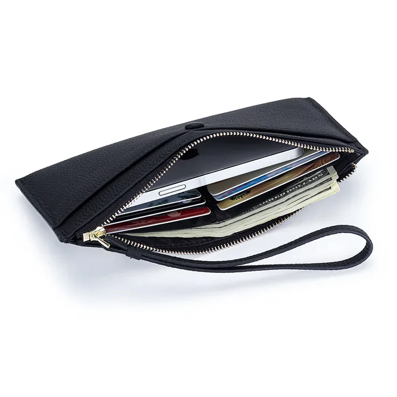 Genuine Leather Women Long Wallet Fashion Brand Design Card Holder Clutch Bag Zipper Wrist Strap Phone Bag Slim Cowhide Purse