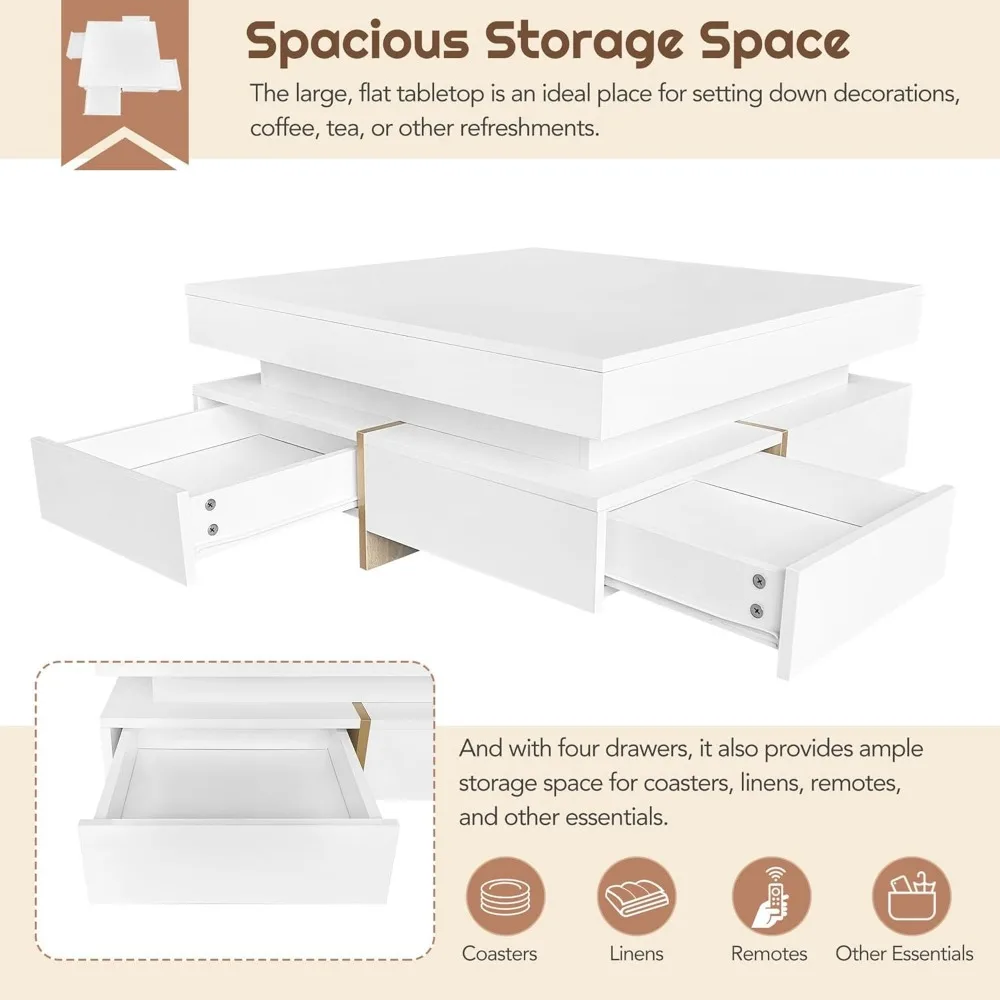 Modern Coffee Table with Storage, Contemporary Square Coffee Table with Drawers, High Gloss Modern Center Table for Living Room 4