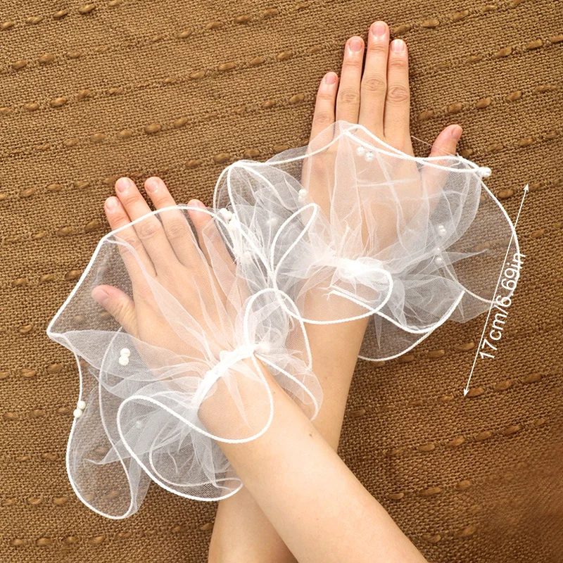 Fake Cuffs Detachable Pearl Lace Mesh Flared Sleeves Women Pleated Wristband Wrist Warmers 1Pair