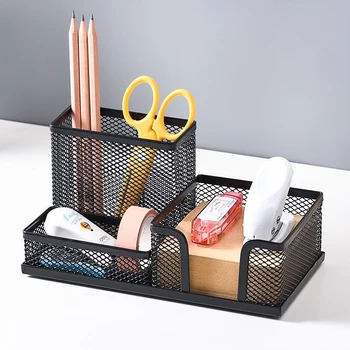 Organizzatore di cancelleria da scrivania Portapenne creativo in metallo Portaoggetti per matite Scatola di immagazzinaggio a 3 griglie Accessori per ufficio