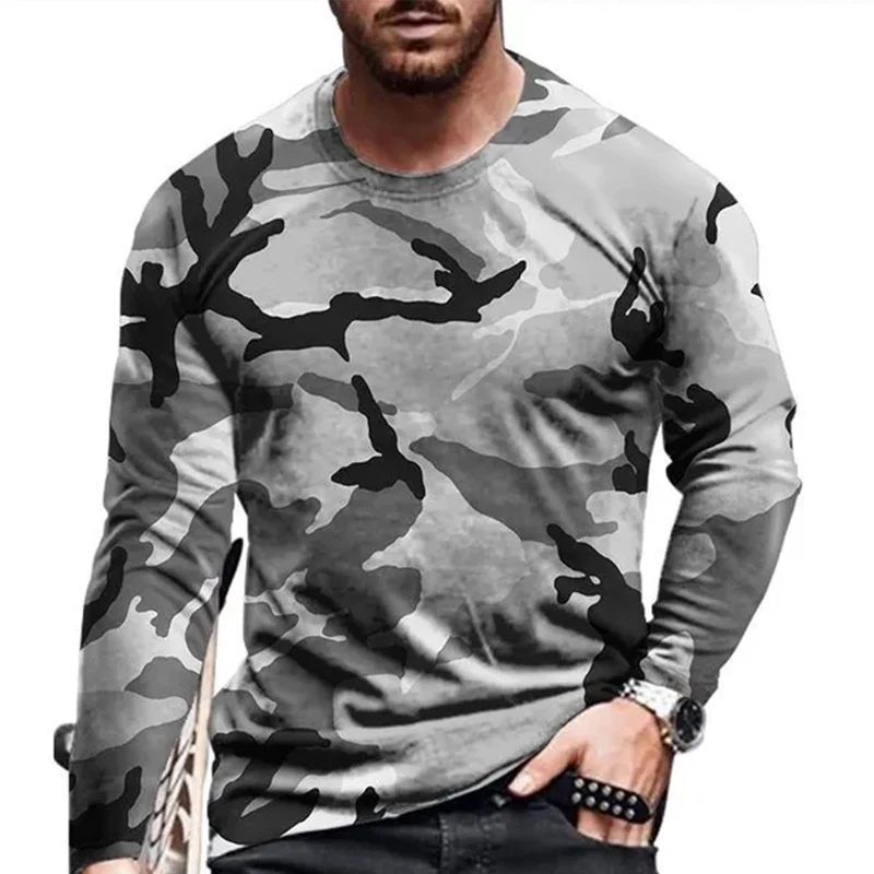 

Leisure Autumn And Winter Seasons Fashion European Size Men's long Sleeve T-shirt Color Camuflaje Print Tees Round Neck Tops