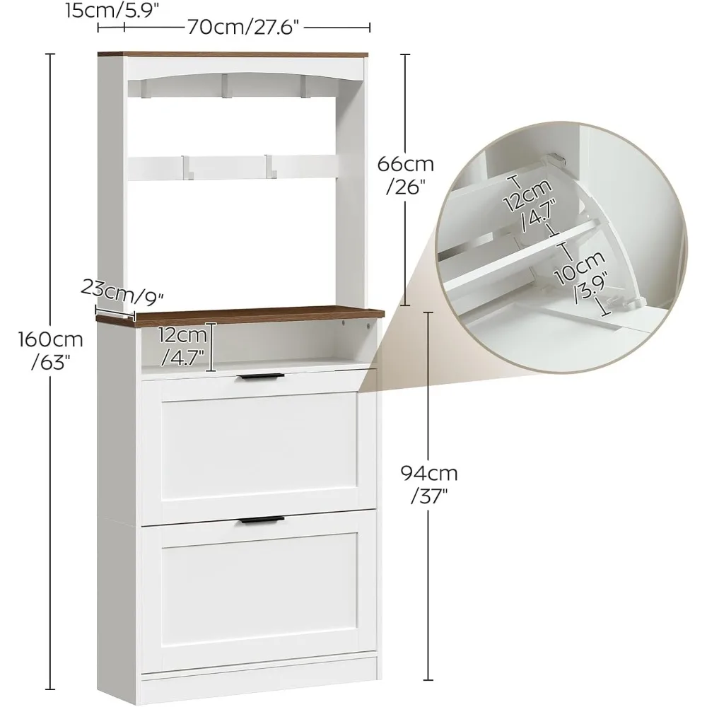 tall shoe cabinet with flip drawers and coat rack, floor standing modern shoe storage organizer, 2-in-1 hall tree with movable h