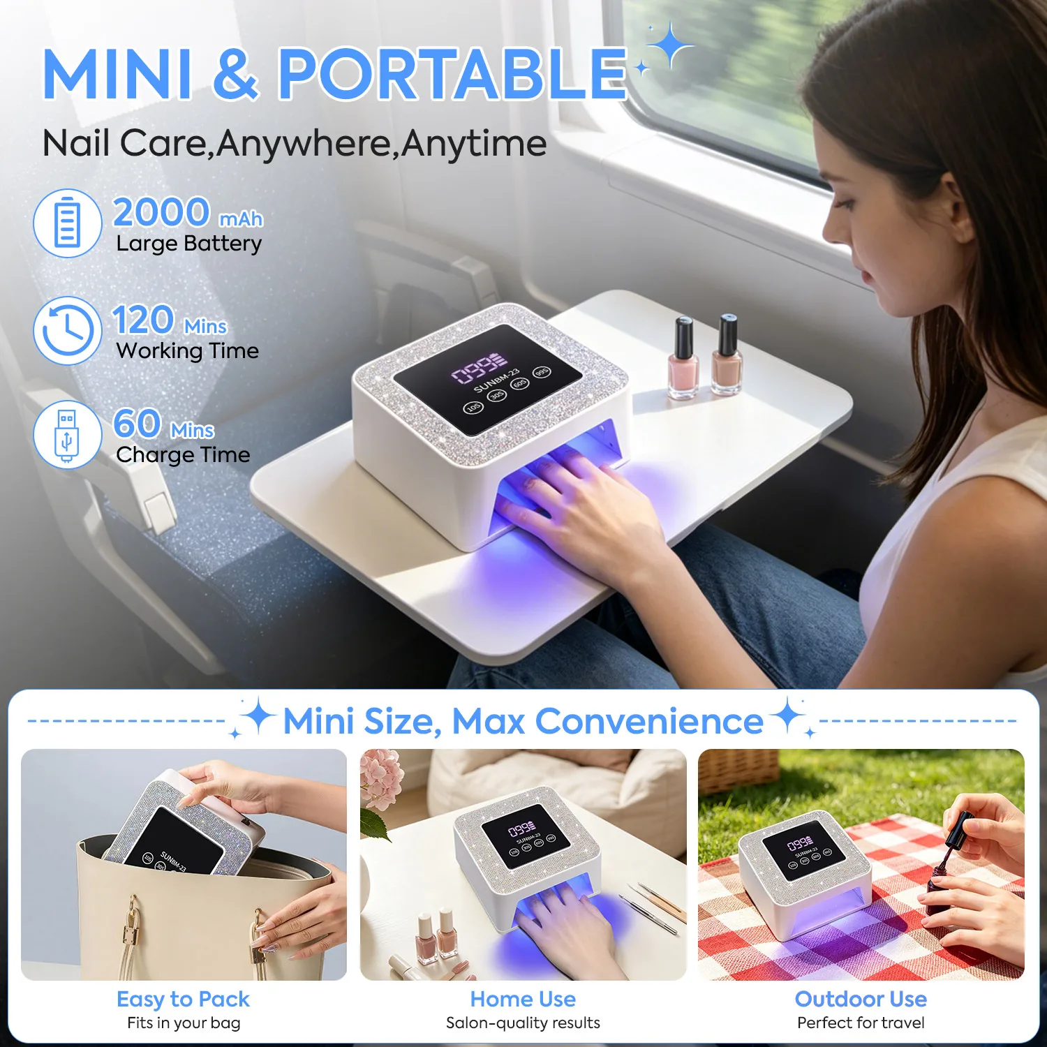 SUNBM-23 무선 UV LED 네일 램프 블링 라인스톤 커버 2000mAh 충전식 네일 드라이어 21개 듀얼 라이트 비즈 4개 타이머 자동