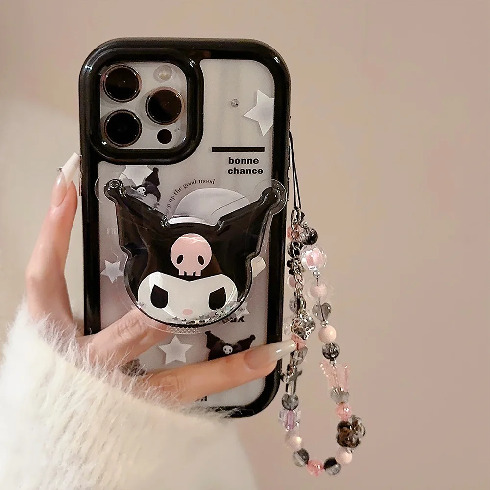 Cute Cartoon Anime Role Kulomi Bracket Phone Cases for IPhone 11 12 13 14 15 Pro Max Soft Anti-fall Protect Cover with Lanyard