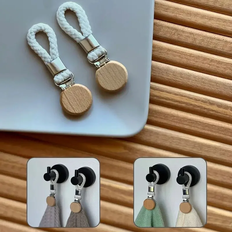 kitchen towel clip 2pcs Multi functional non perforated kitchen towel clip woven rope beech wood round head storage bathroom clip