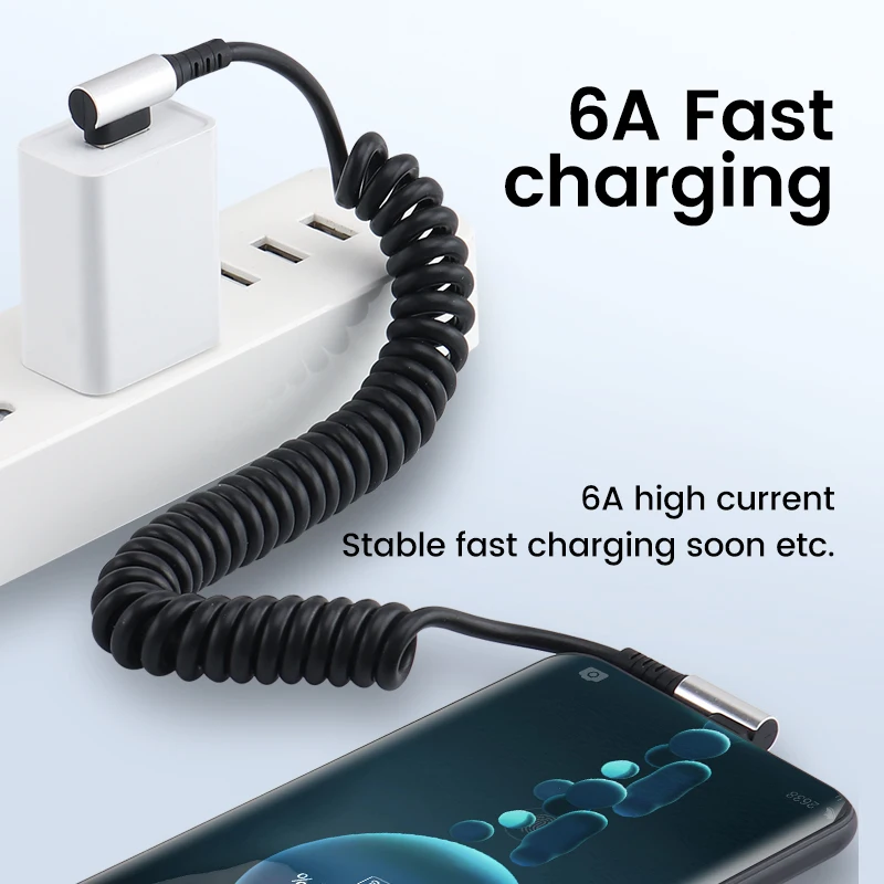 OLAF 6A USB Type C Data Cable 90° Elbow Car USB Spring PD Fast Charging Cable for iPhone 15 Sumsung Xiaomi POCO Huawei Honor LG BEST SELLERS