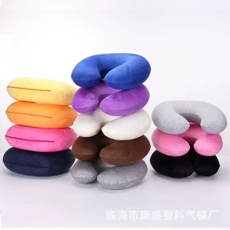 

U-shaped Travel Pillow Car Air Flight Office Inflatable Neck Pillow Short Plush Cover PVC Support Headrest Soft Nursing Cushion