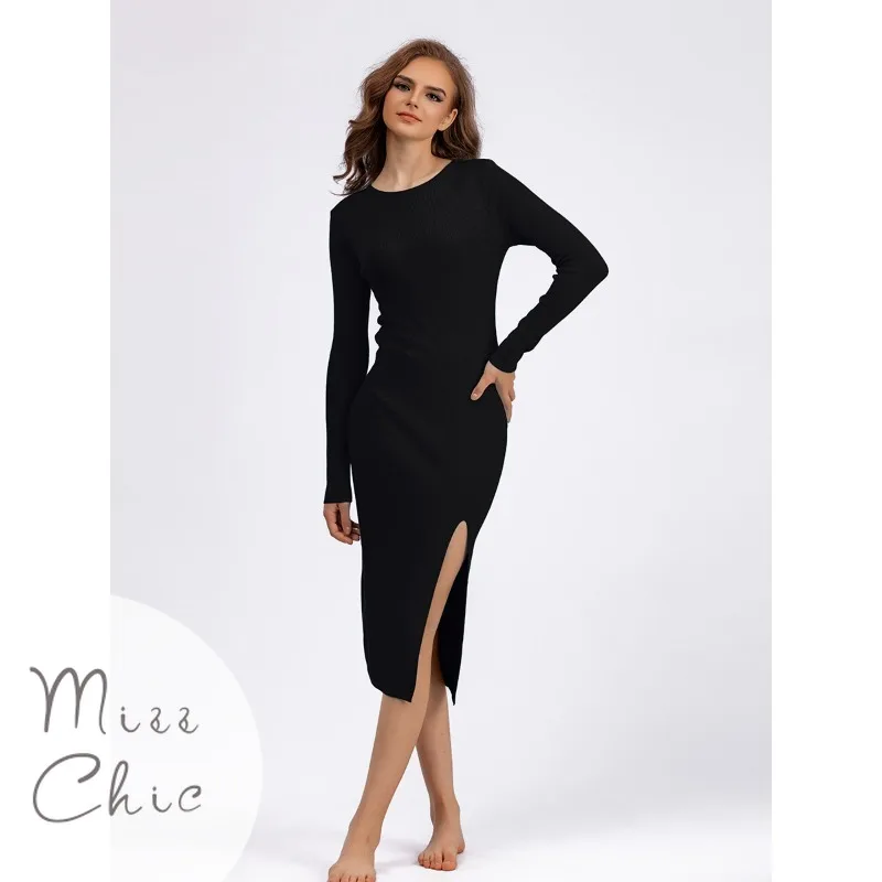 

Women Winter Warm Split Long Knitted Dress 2023 O-Neck Long Sleeve Party Vestido Autumn Fashion Korean Solid Sweater Dresses