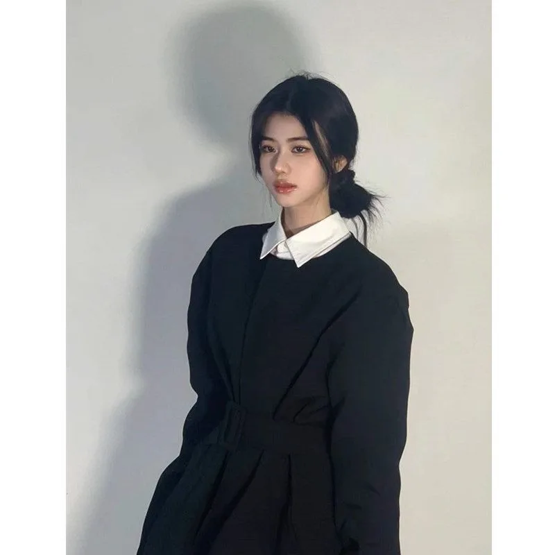 

Advanced Academy Black Suit Coat Women Korean Round Neck Fashion Celebrities Slim Waist Sweet Autumn Versatile Solid Female Top