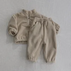 MILANCEL Autumn Baby Fleece Sports Suit - 2 - Piece Solid Color Hoodie Set - 24M (8280 khaki)