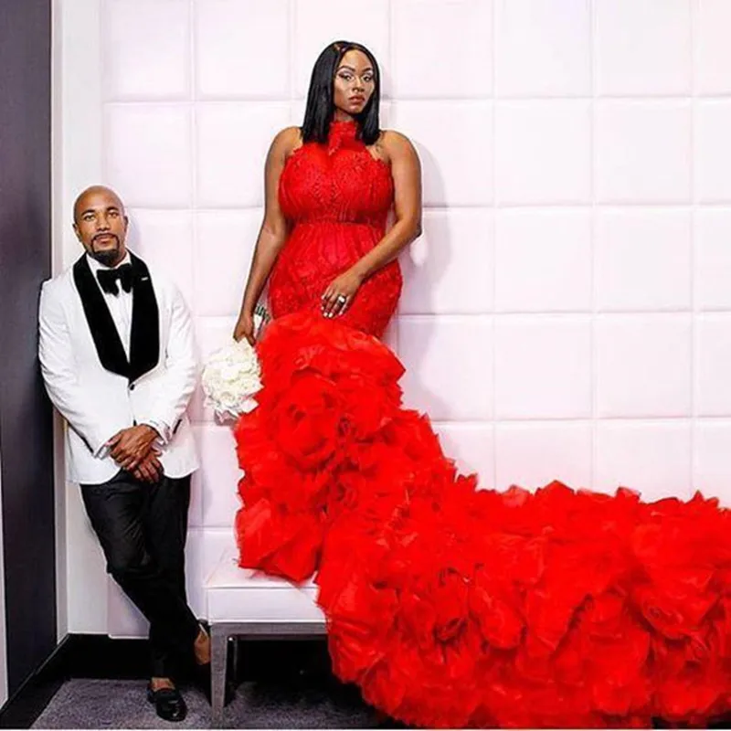

Pretty High Neck Lace AppliquesMermaid Wedding Dress Vestidos De Novias African Plus Size Tiered -Layered Ruffles Bridal Gowns
