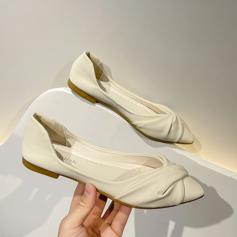 

Туфли женские универсальные с острым носком, удобная прочная обувь на плоской подошве, с бежевым бантом, весна