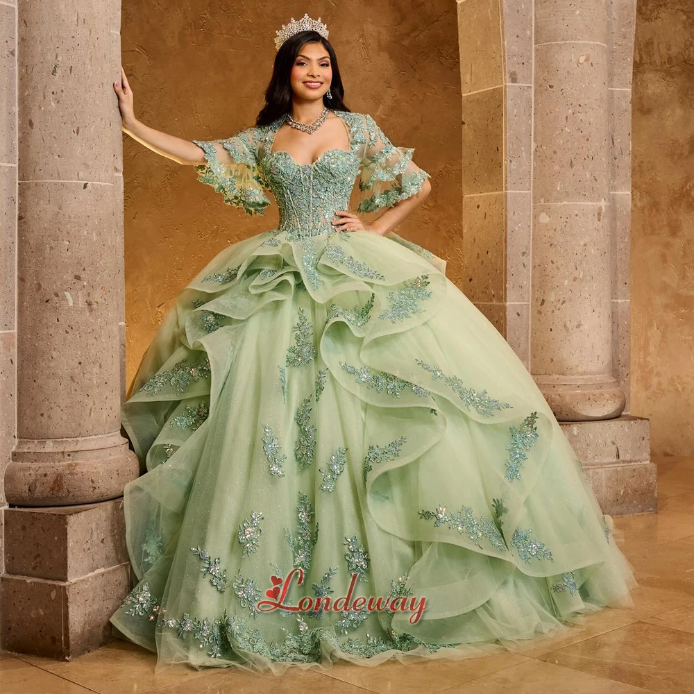 Londeway Modern Tulle Ball Gown Lace Appliques Ruffles Flare Sleeves Corset Floor Length Vestidos De 15 Quinceanera Customised