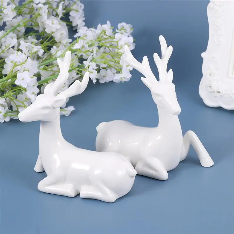 

1 Pair Couple Deer Decor Creative Car Interior Decor White Glazed Porcelain Crafts Ceramic Lovers Deer Adornment for Mall Home