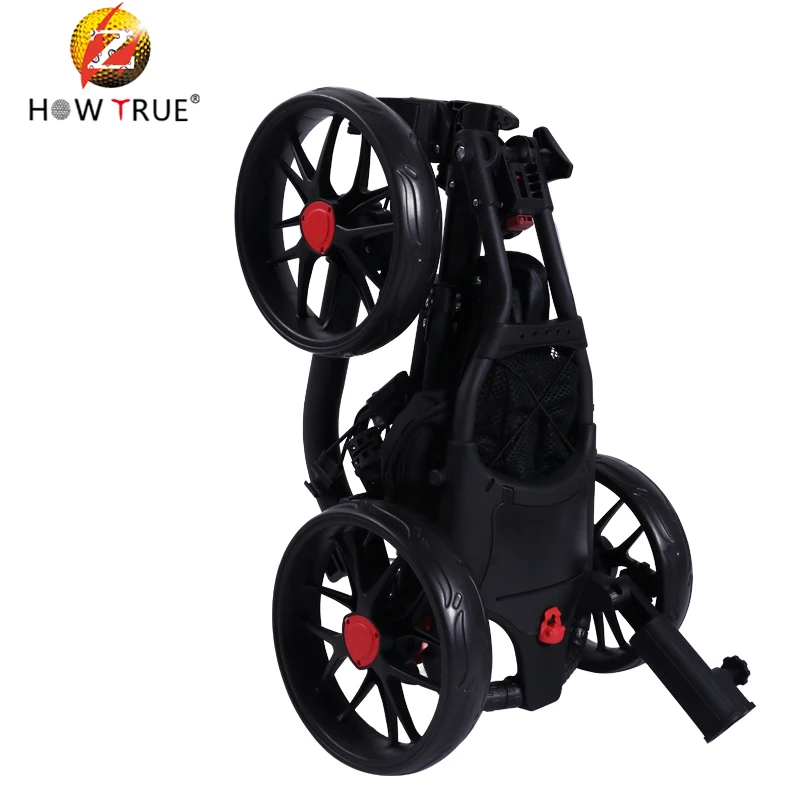 Folding Golf Trolley, 3-Wheel Pull Push Cart with Storage Bag Multi-Function Panel Umbrella Stand