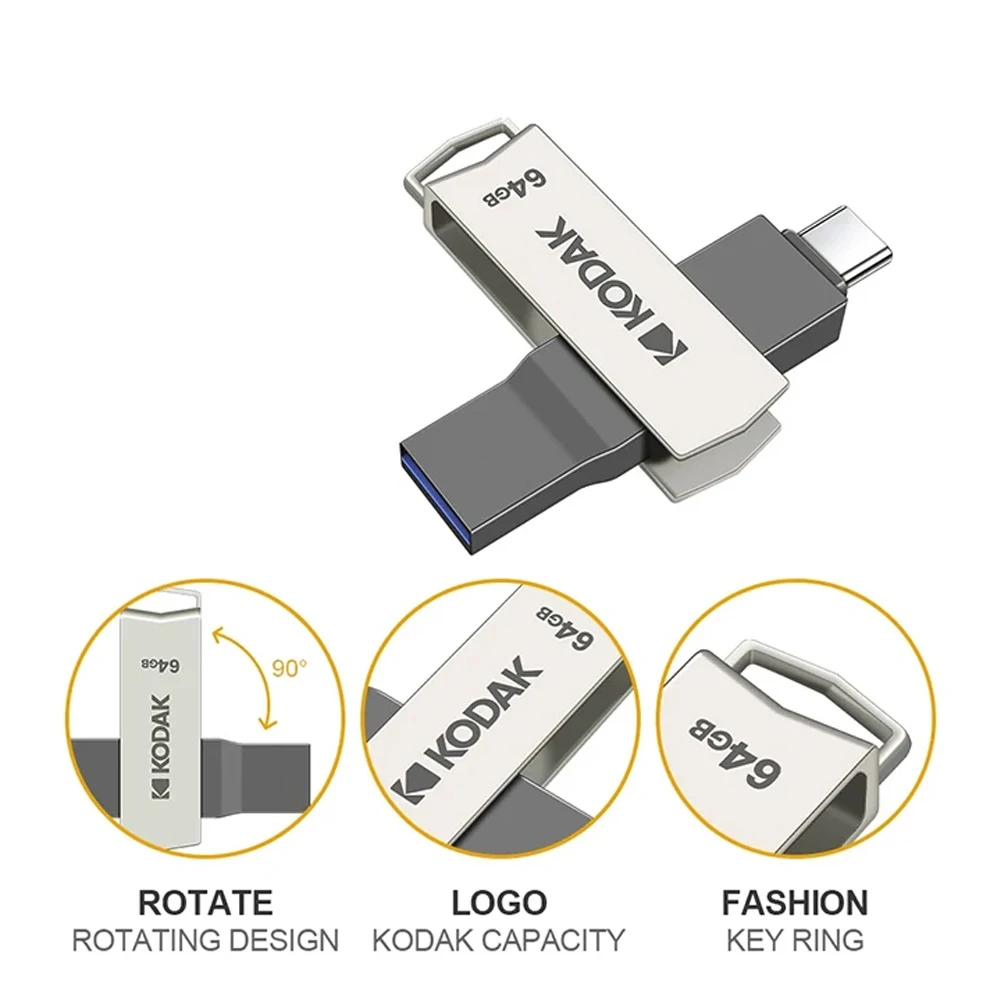 KODAK K273 USB3.2 유형 C 듀얼 플래시 드라이브 256GB 128GB 64GB 펜드라이브 고속 금속 회전식 휴대폰 노트북용