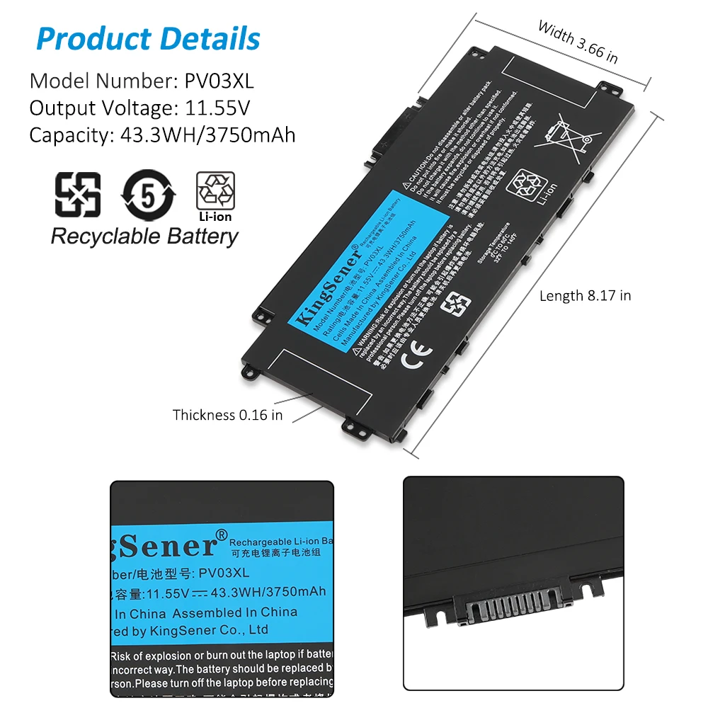 Bateria Kingsener para Pavilhão hp Pv03xl Pp03xl X360 13-bb 14-dv 14-dw 14m-dw 14-dk Hstnn-db9x Hstnn-ob1p L83388421 - Imagem 2