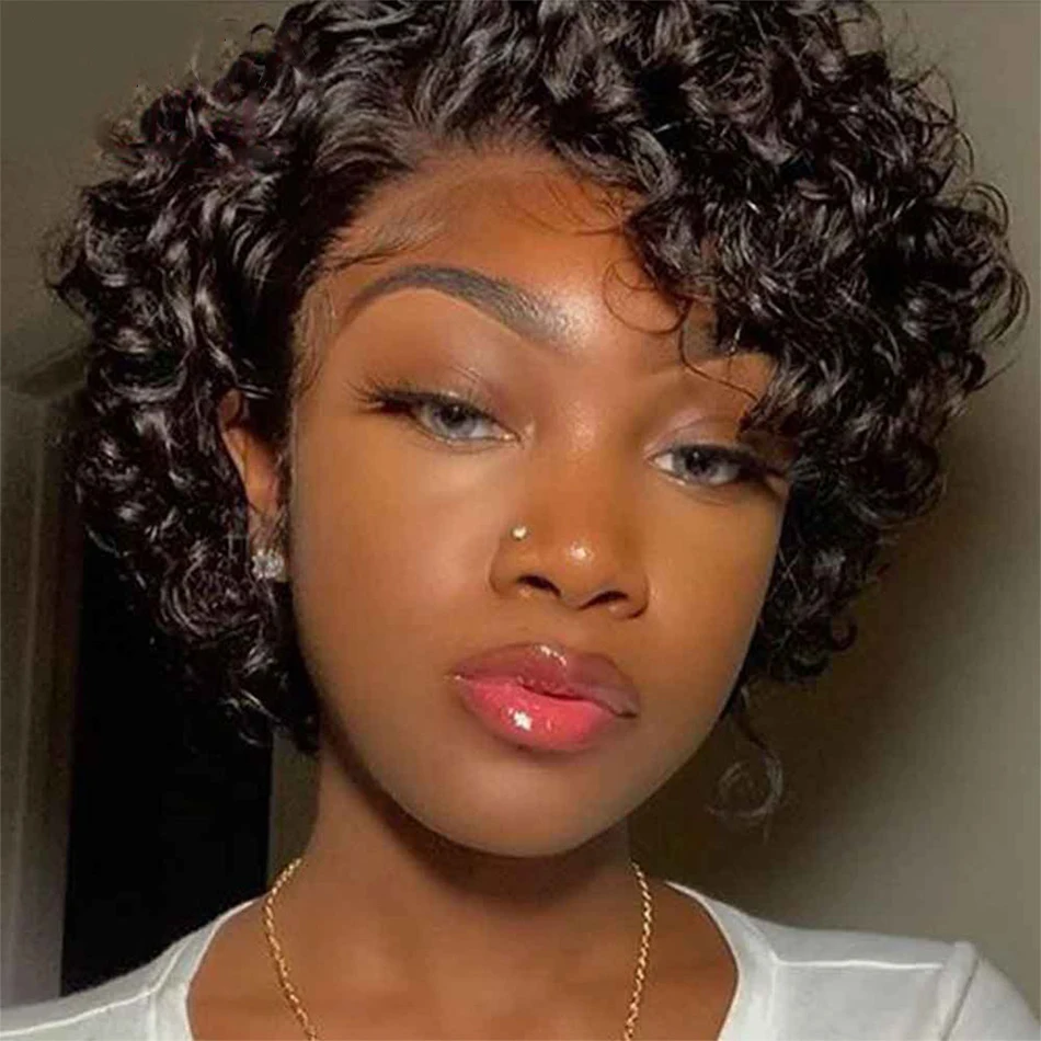 Short Pixie Cut Wig Peruvian Water Wave Human Hair Wigs For Black Women 250% Destiny Deep Curly 13*1 Lace Front Wigs for Women