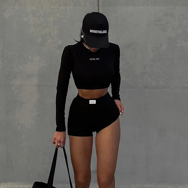 European and American Spring/Summer Round Neck Long Short sleeved 3/4 Shorts Two piece Women's Fashion Sports Versatile Set 4