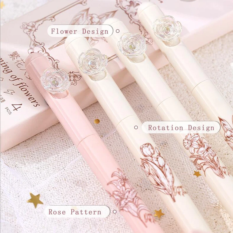 Romantic Rose Flower Gel Pen  Creative Rotate Quick Dry 0.5MM Black Gel Ink Pens For School Student Writing Stationery Supplies